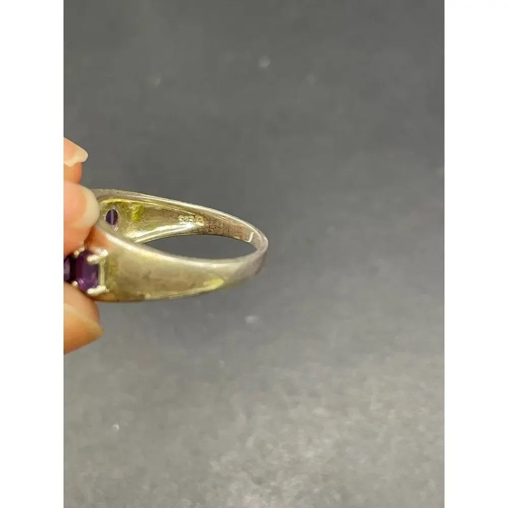 Vintage Sterling Silver 925 Amethyst 5-Stone Ring Emerald Oval Cut Size 9